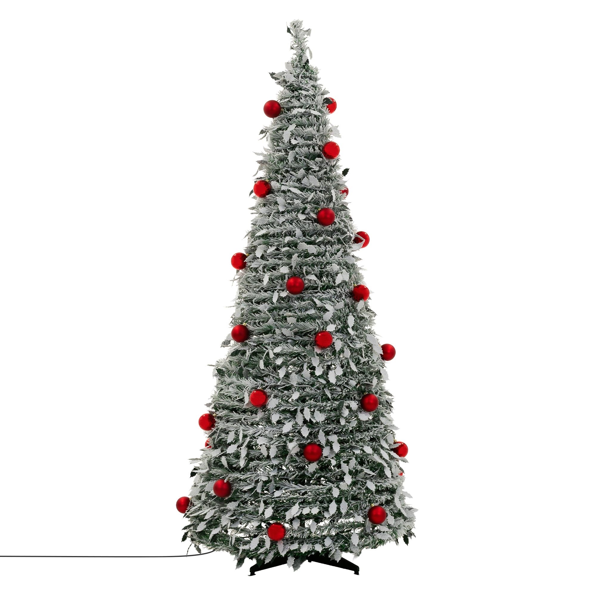 Künstlicher Weihnachtsbaum mit roten Kugeln, von vorne sichtbar.