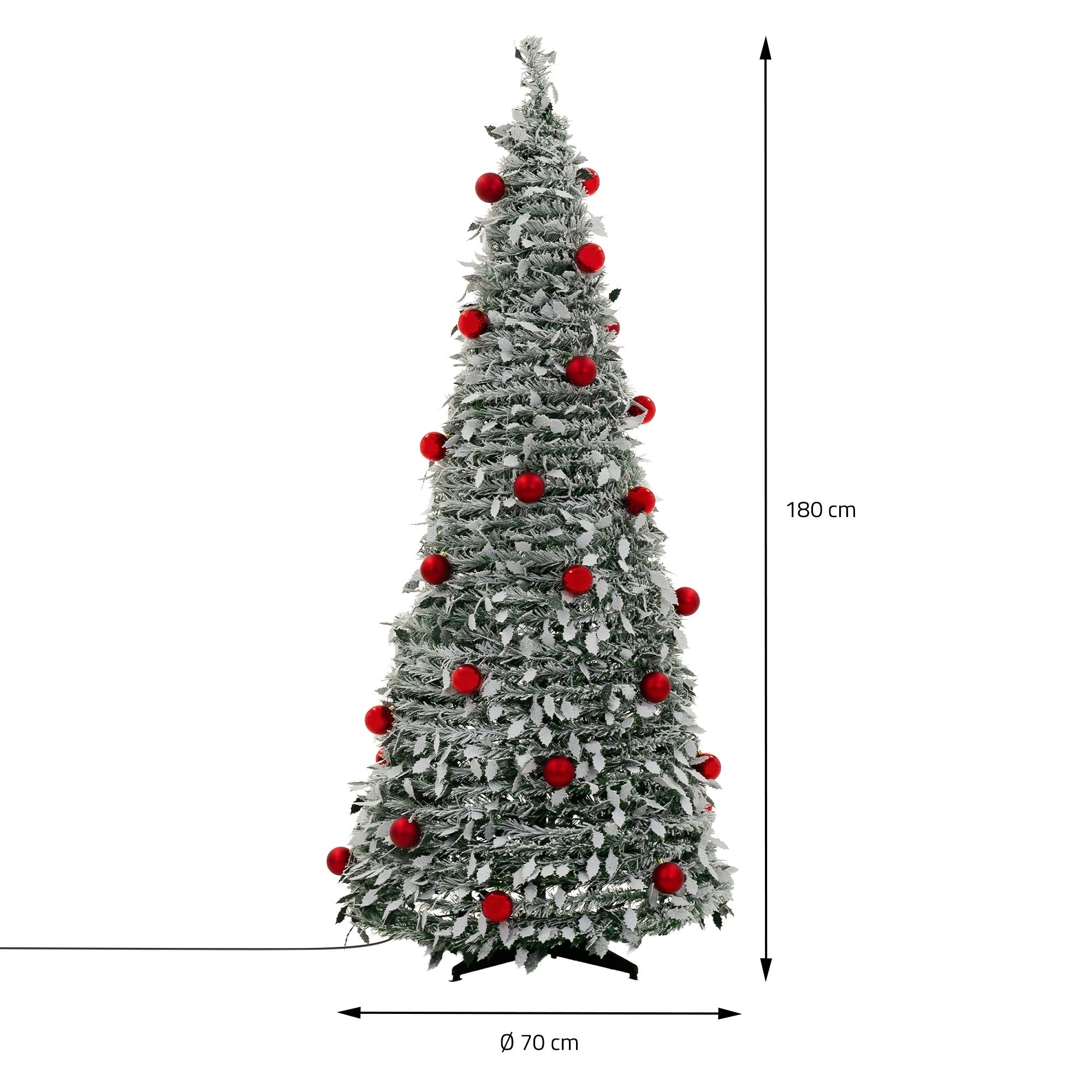 Künstlicher Weihnachtsbaum mit roten Kugeln, Höhe 180 cm, Durchmesser 70 cm.