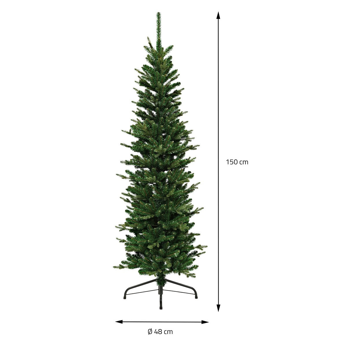 Künstlicher Weihnachtsbaum, 150 cm hoch, mit Maßangaben.
