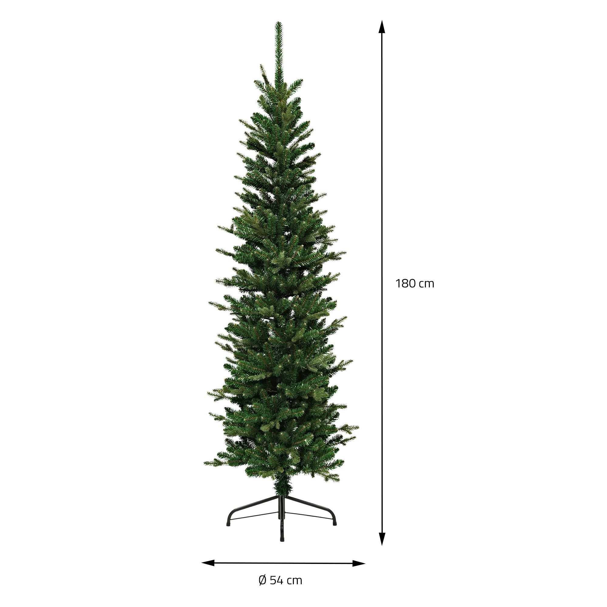 Künstlicher Weihnachtsbaum mit einer Höhe von 180 cm und einem Durchmesser von 54 cm.