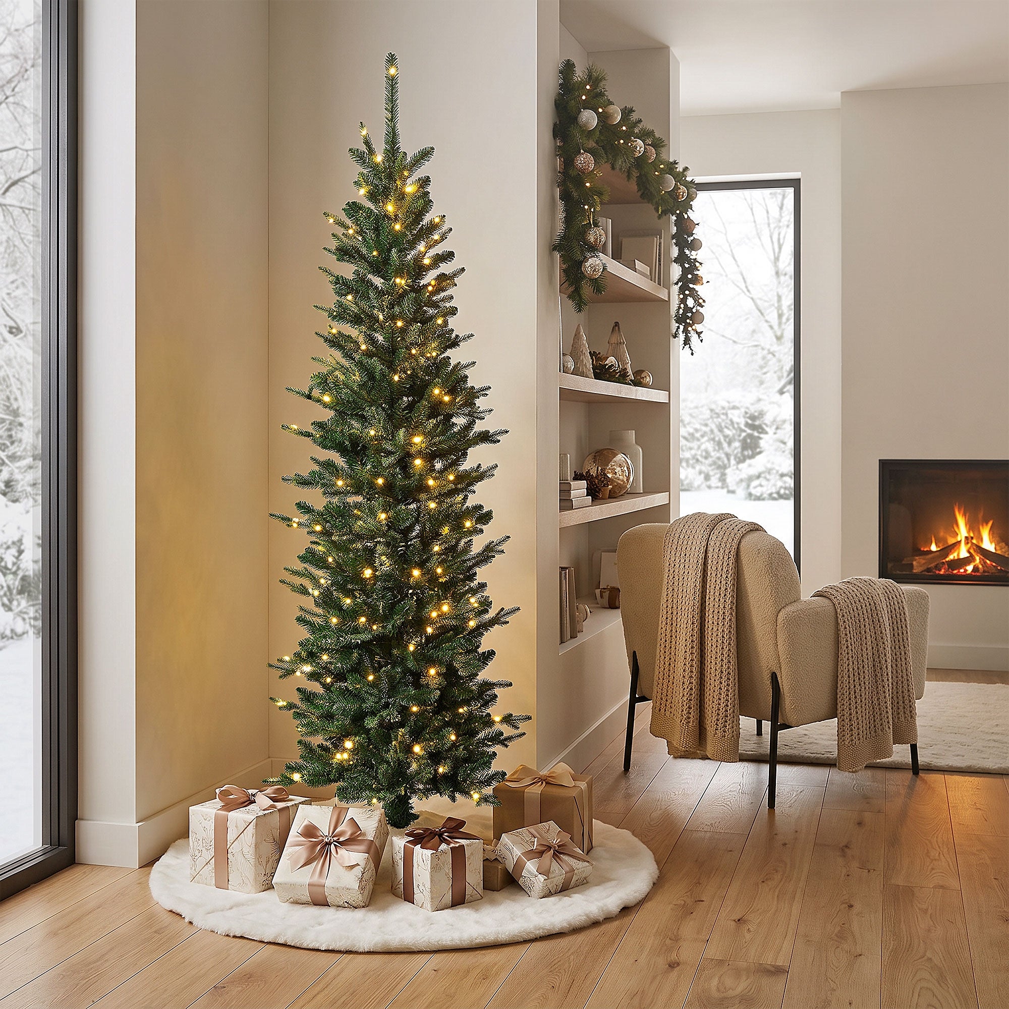 Christmas tree in a room, surrounded by gifts and a fireplace.