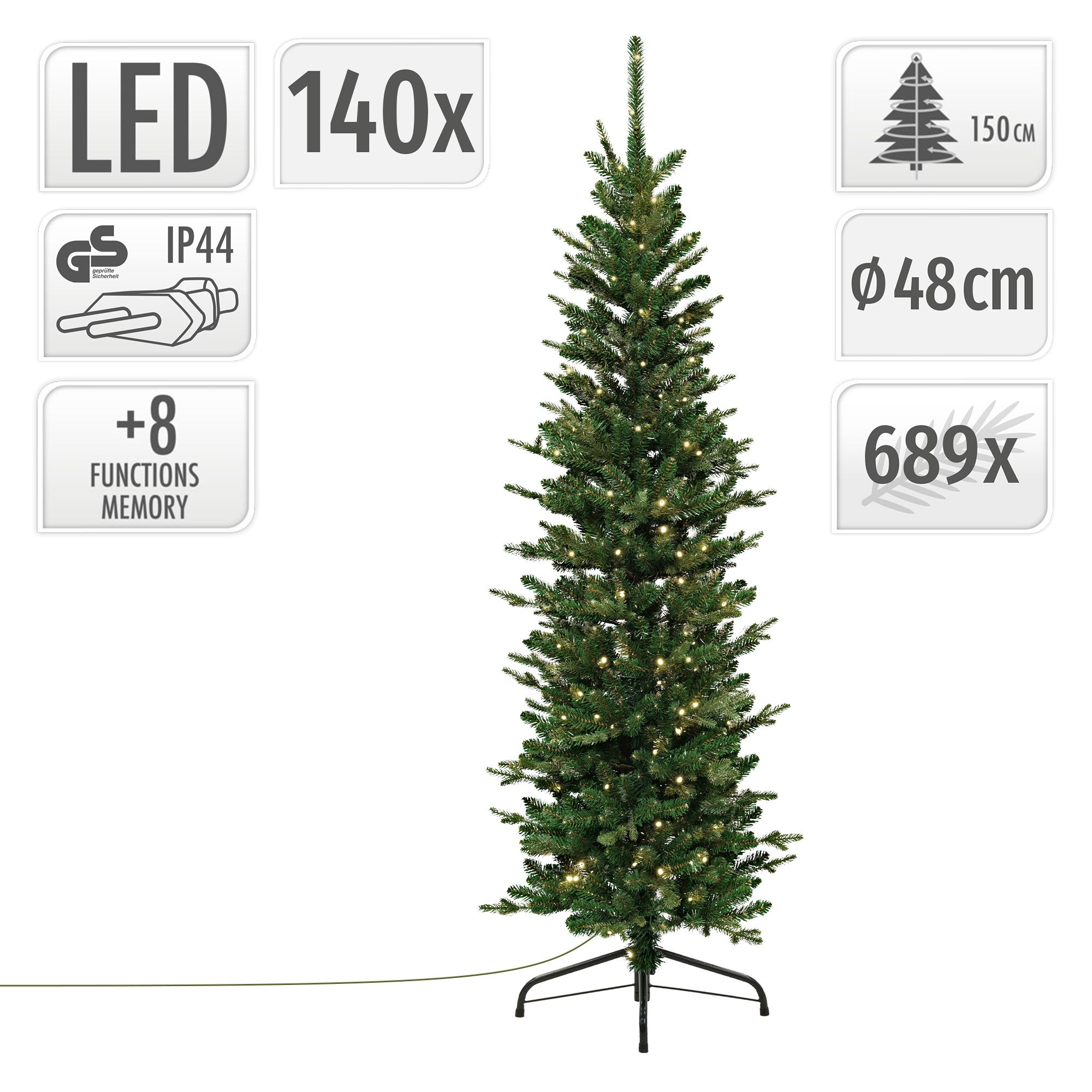 Product details of an artificial Christmas tree with LED lights and dimensions.