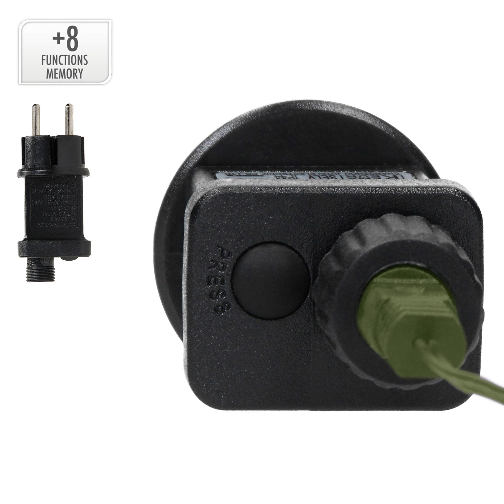 Close-up of a plug with a green cable and button.