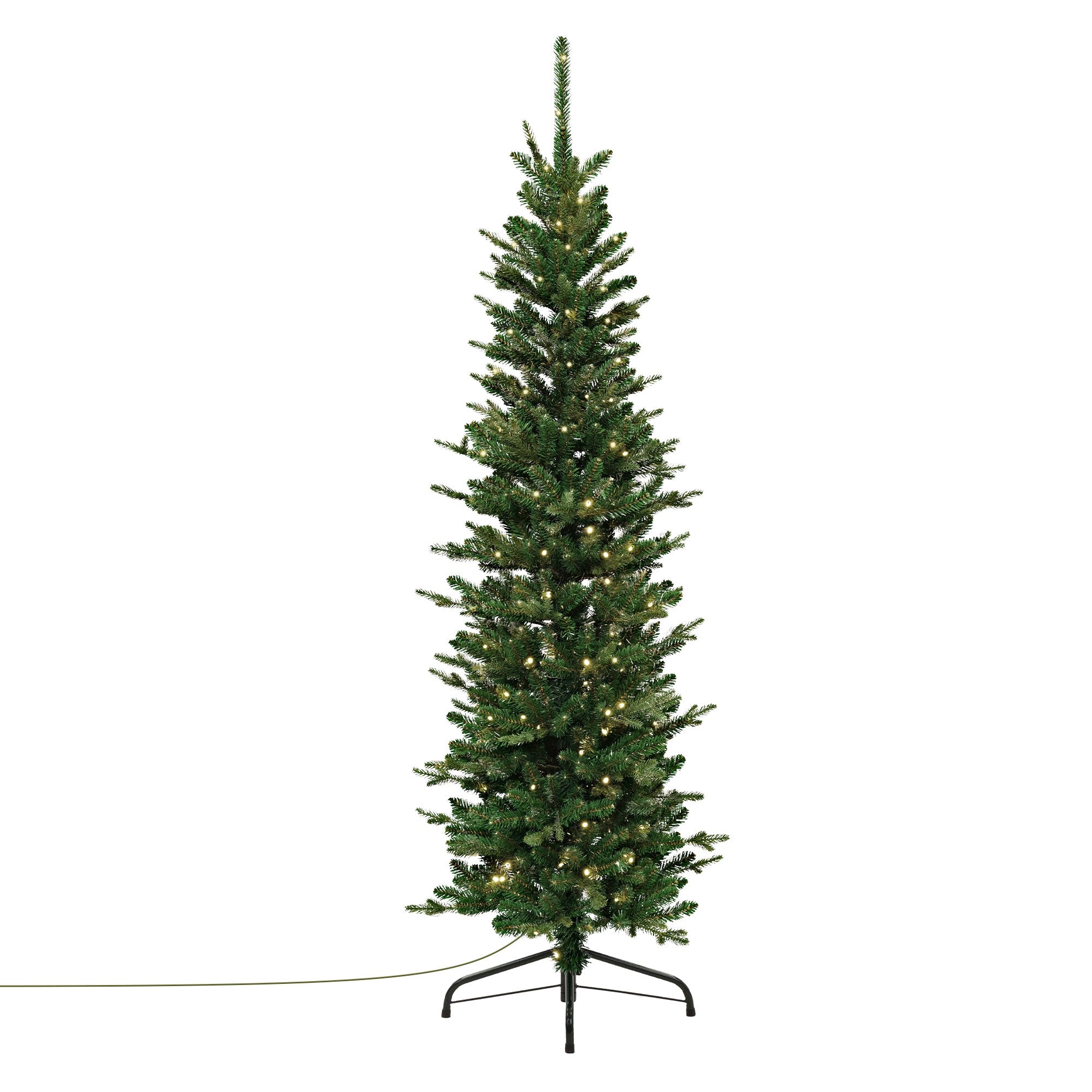 Artificial Christmas tree with lights, standing on a stand.