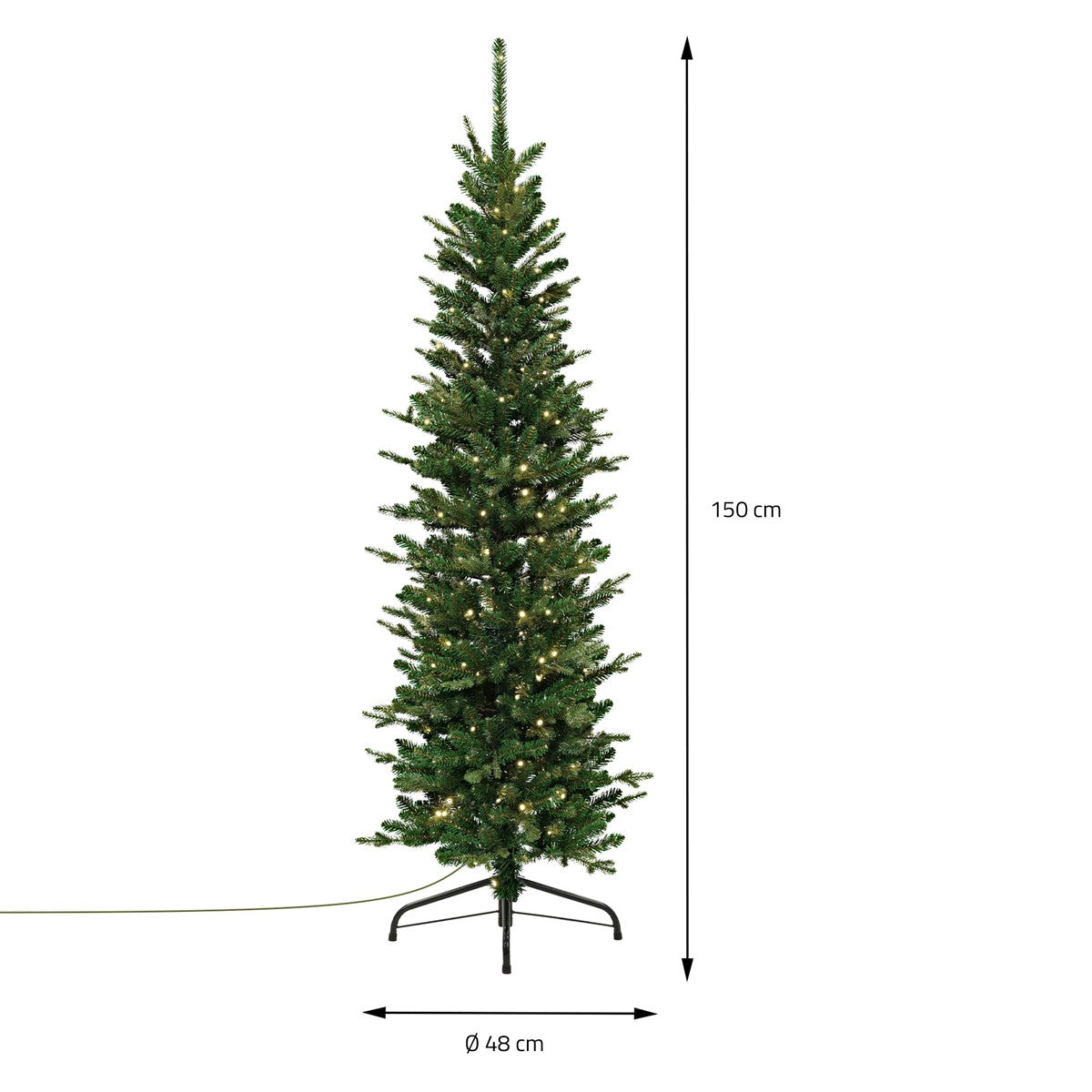 Albero di Natale artificiale con dimensioni: altezza 150 cm, diametro 48 cm.