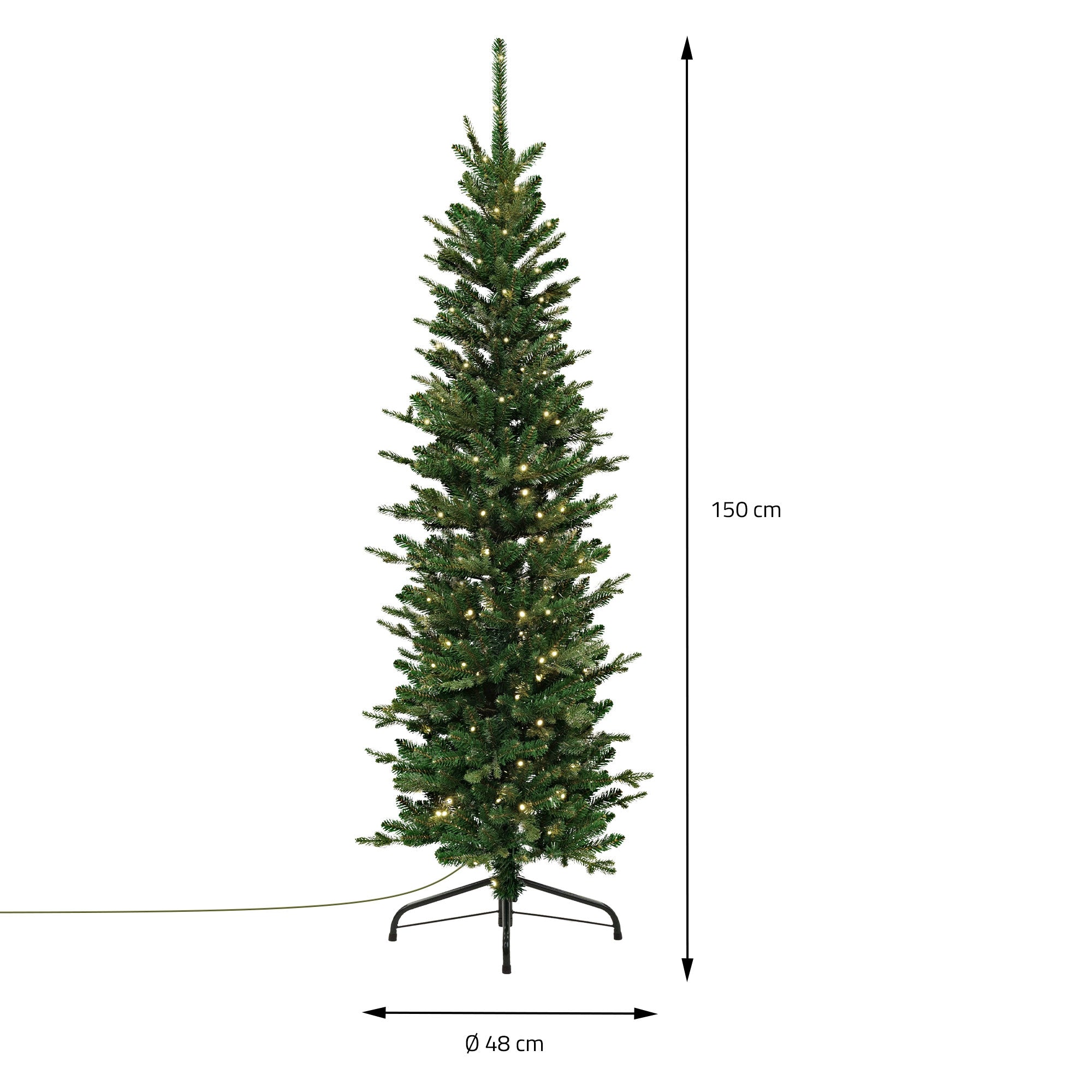 Artificial Christmas tree with dimensions: height 150 cm, diameter 48 cm.