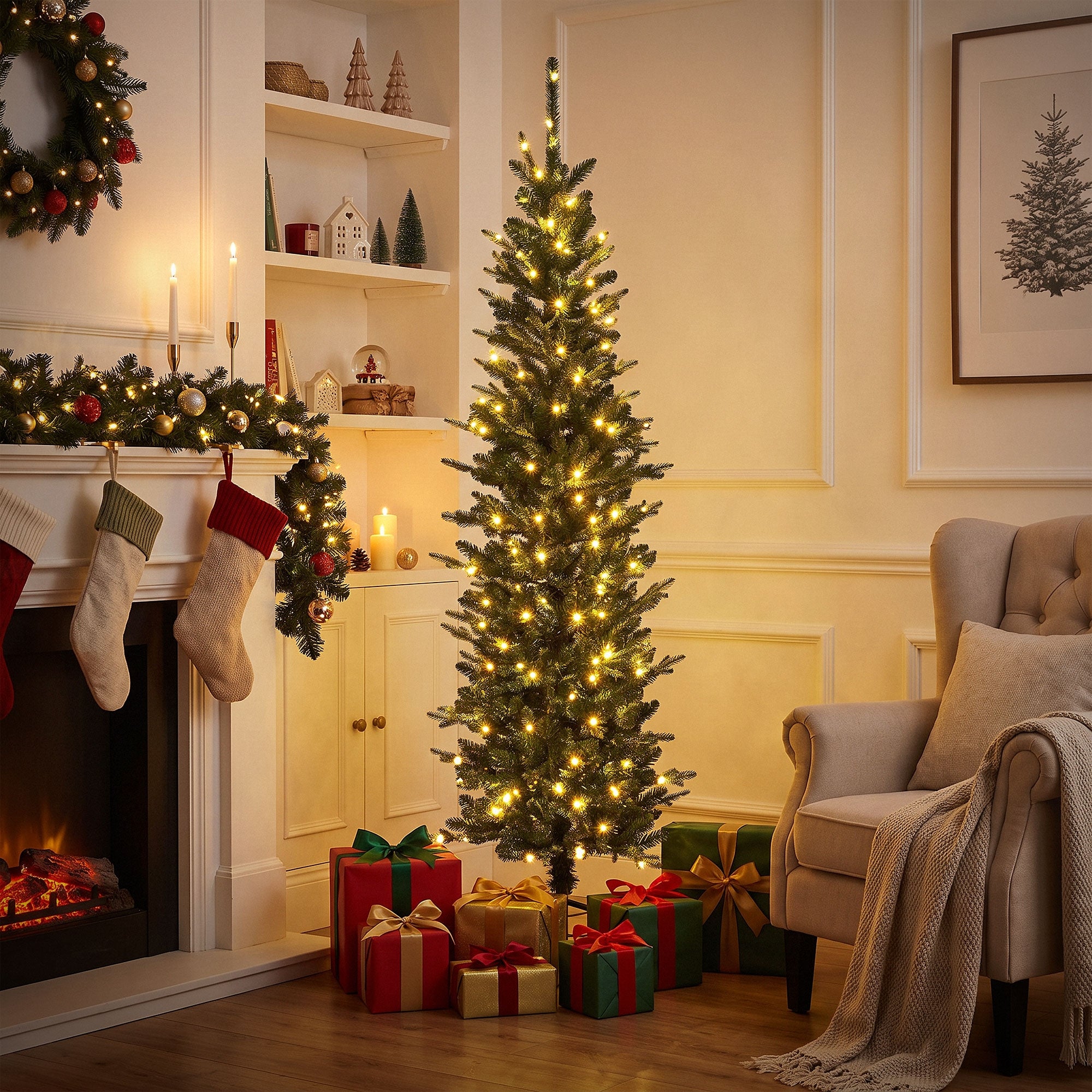 Weihnachtsbaum mit Lichtern, Geschenke und Kamin in einem festlich dekorierten Raum.