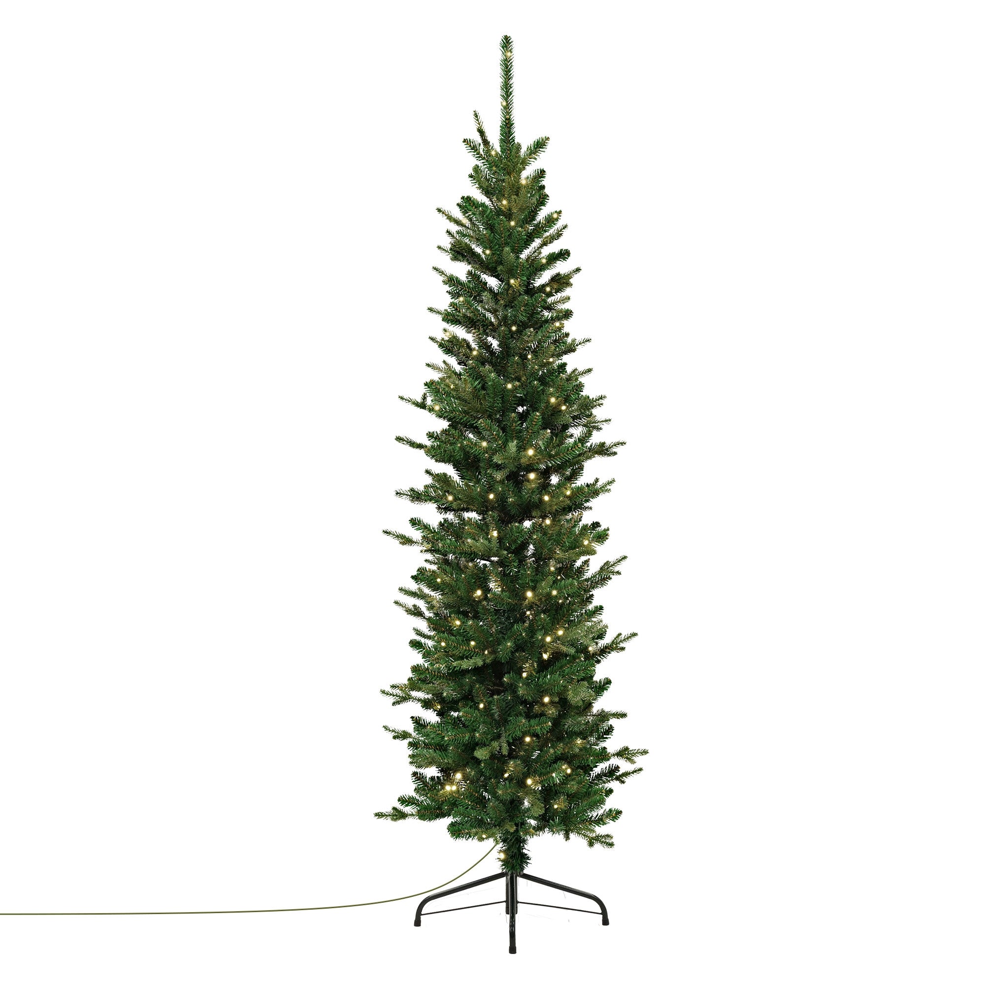 Schmaler, künstlicher Weihnachtsbaum mit Lichtern auf einem Ständer.