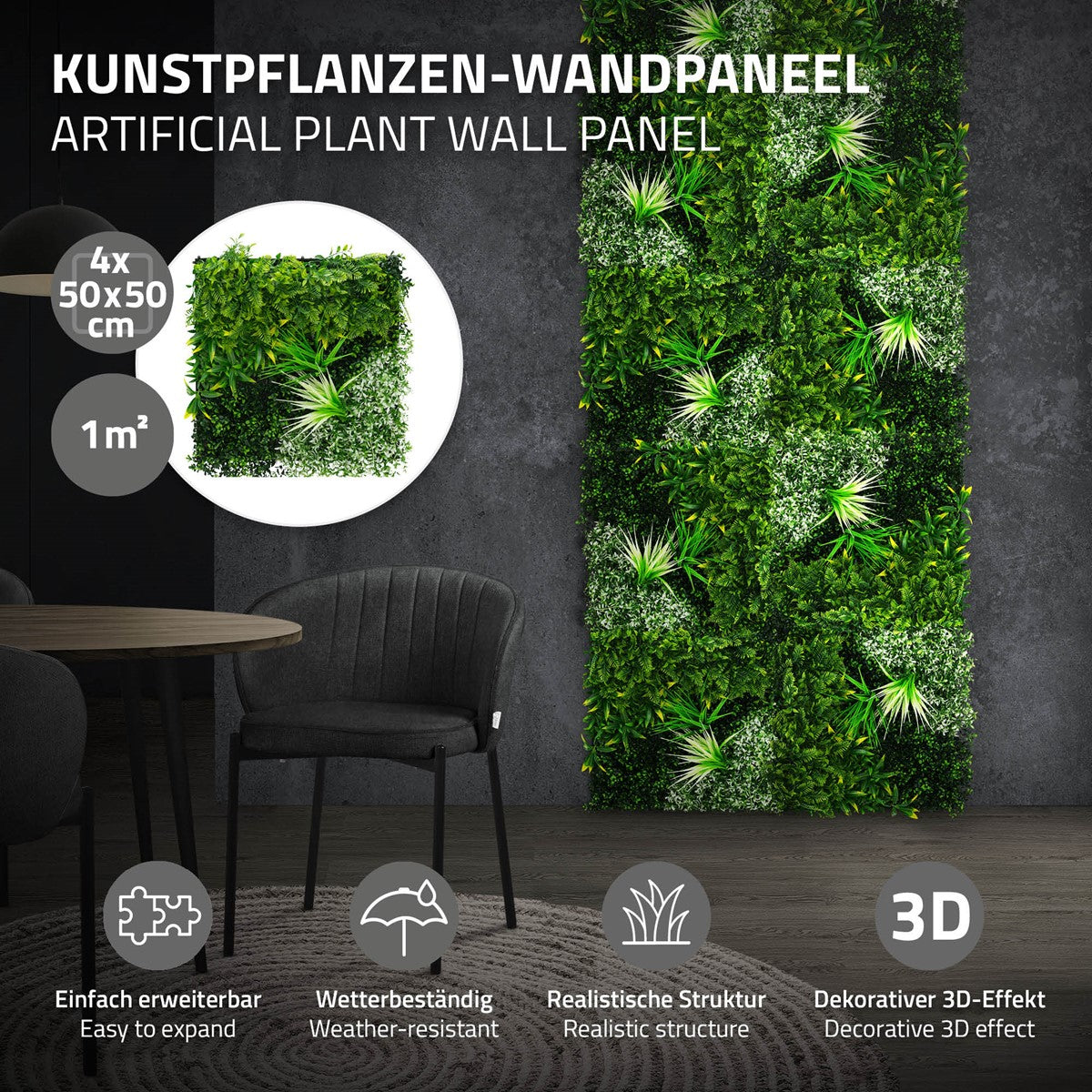 Kunstpflanzen-Wandpaneel mit grüner Pflanzenstruktur und dekorativem 3D-Effekt