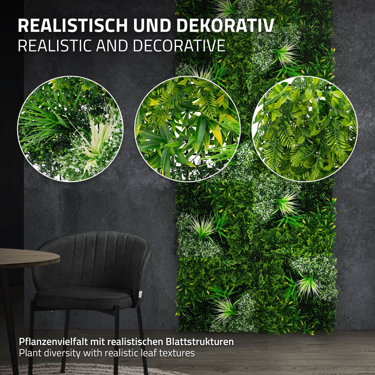 Nahaufnahme von verschiedenen Pflanzen mit realistischen Blattstrukturen.
