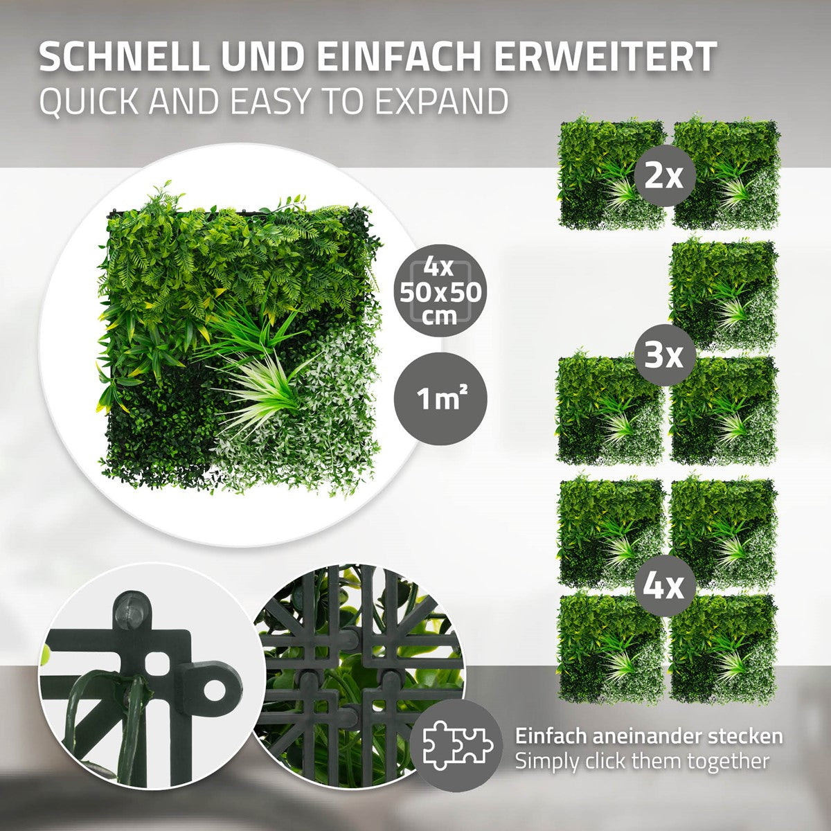 Grüne Wandverkleidung mit Pflanzen, die einfach erweiterbar ist.