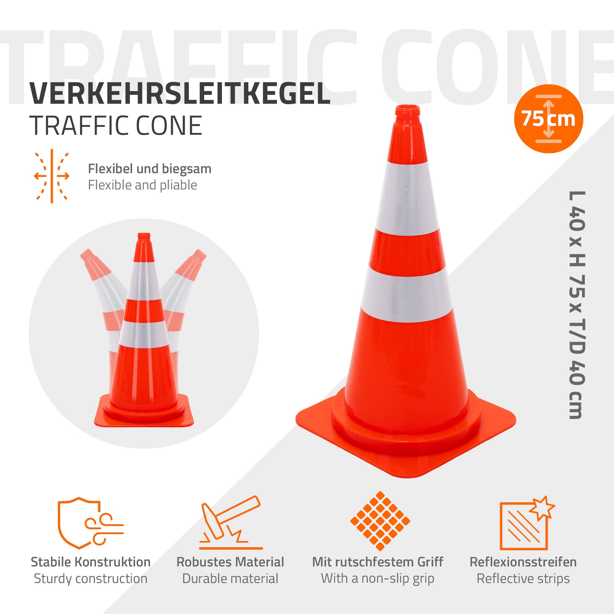 Verkehrsleitkegel mit flexibler Konstruktion und Reflexionsstreifen.