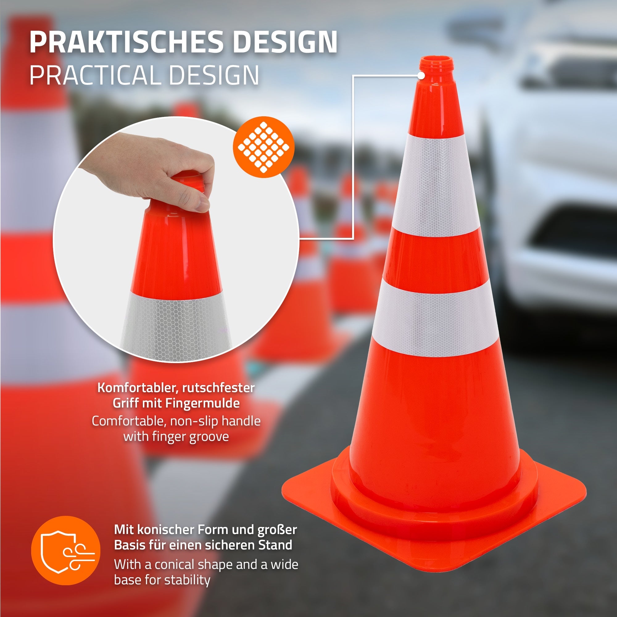 Ein orangefarbener Verkehrshütchen mit rutschfestem Griff.