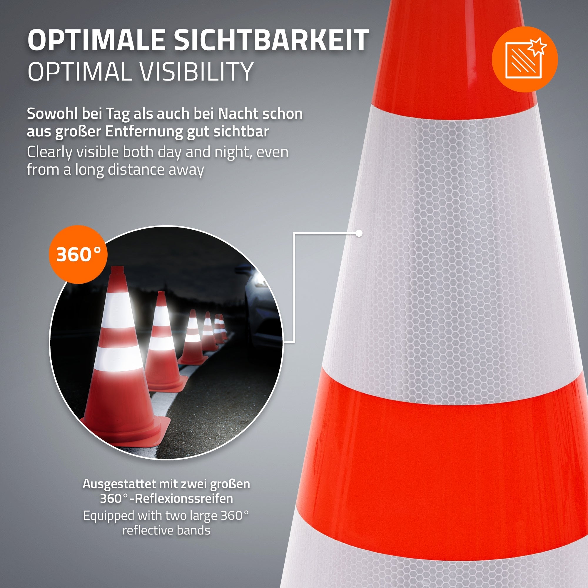 Verkehrshütchen mit reflektierenden Streifen, sichtbar bei Tag und Nacht.