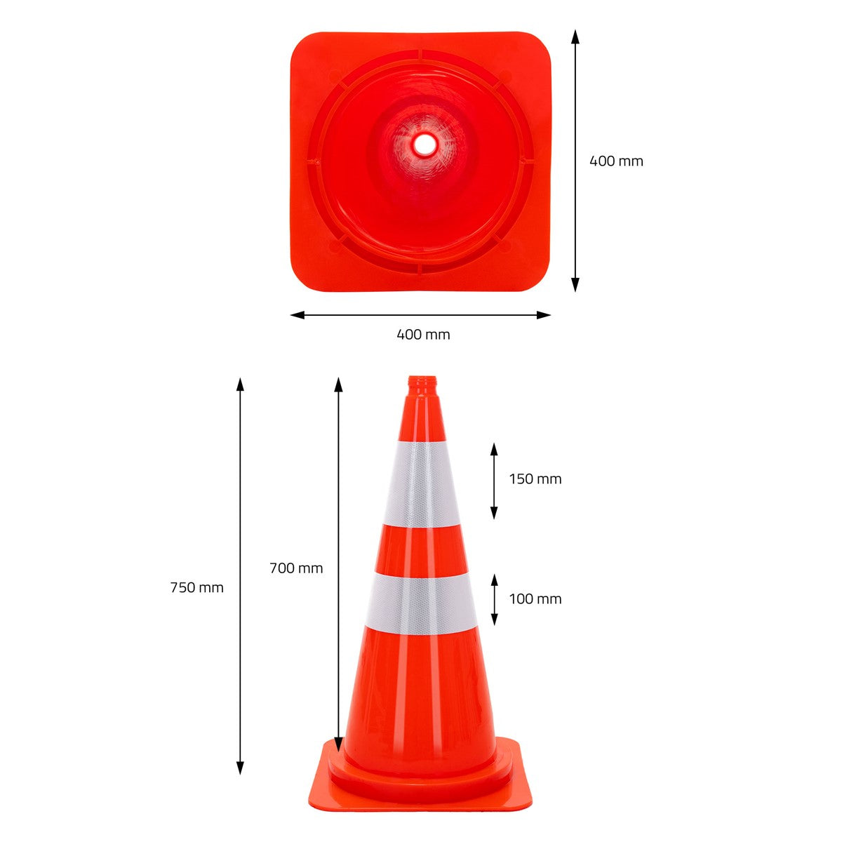 Rode verkeerskegel met witte strepen, afmetingen: 750 mm hoog, 400 mm breed.