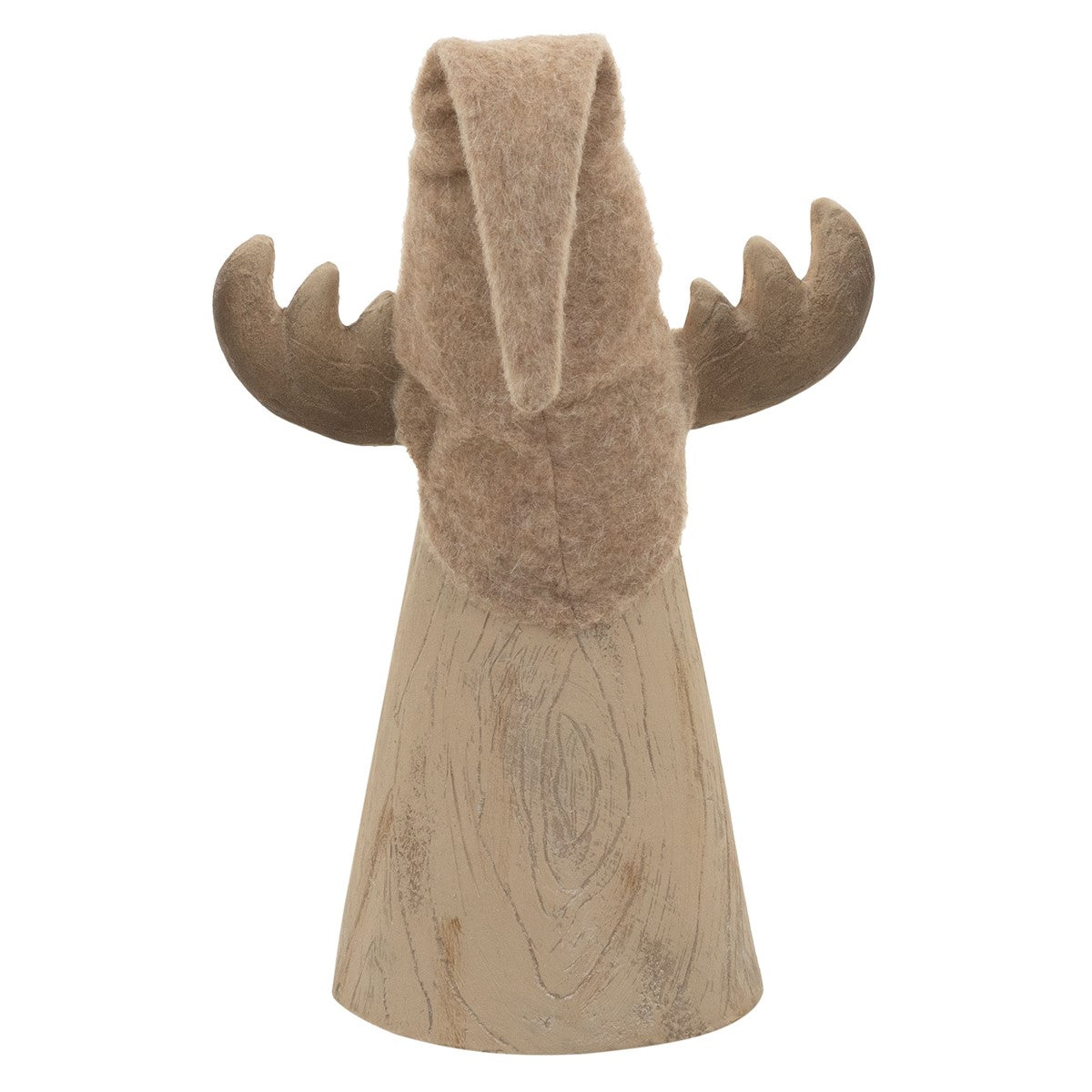 Eine Holzfigur mit einem braunen Hut und Geweih von hinten.