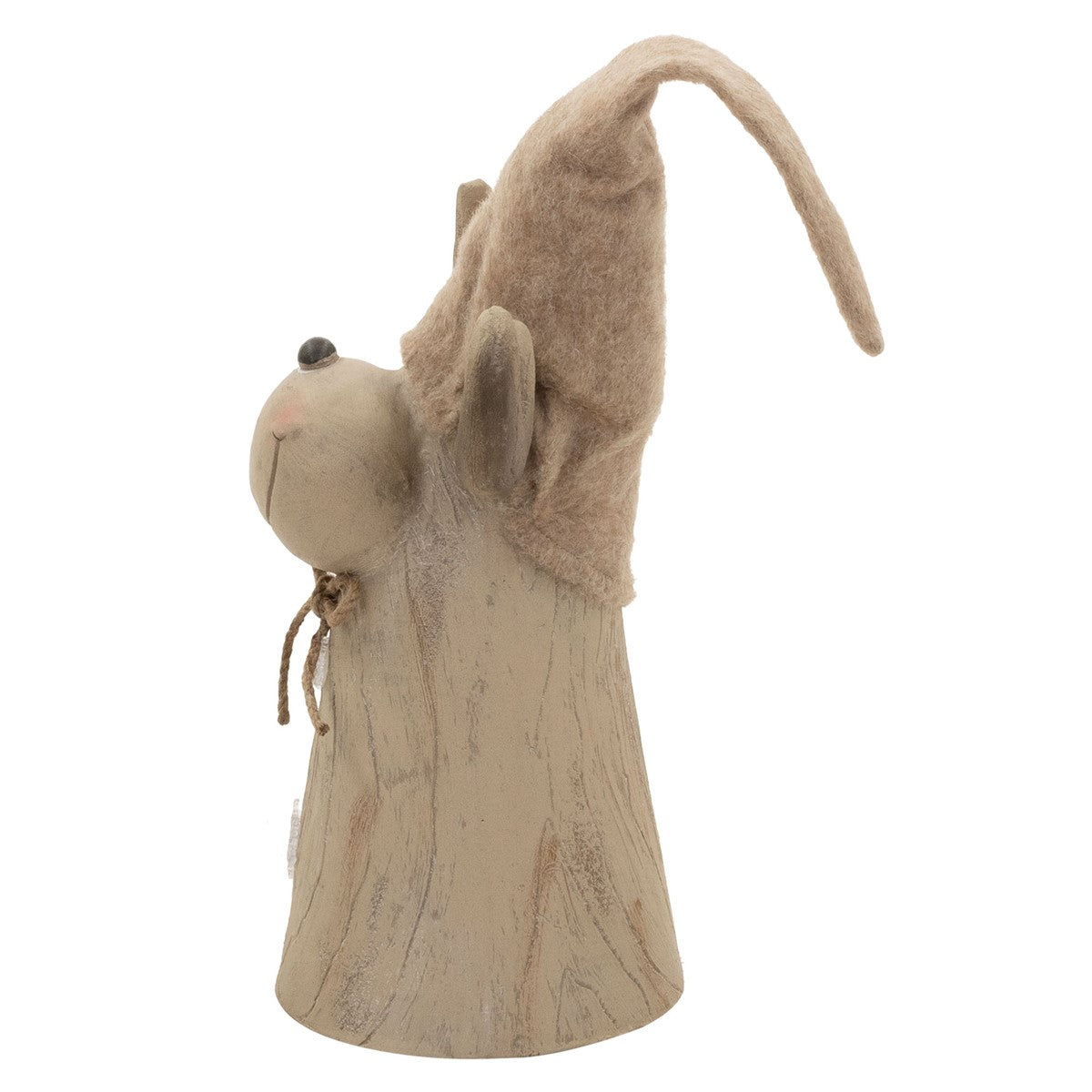 Seitenansicht der Rentierfigur mit braunem Hut, Holzoptik, Höhe 45-63 cm.