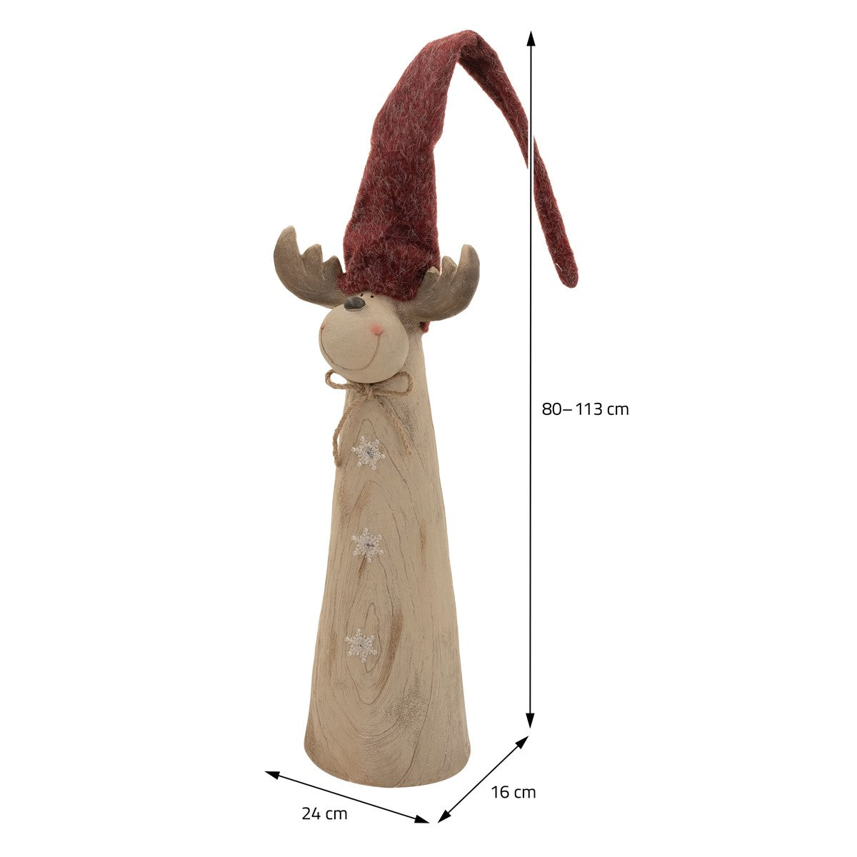 Dekorative Figur eines Rentiers mit rotem Hut, Höhe 80-113 cm, Breite 24 cm, Tiefe 16 cm.