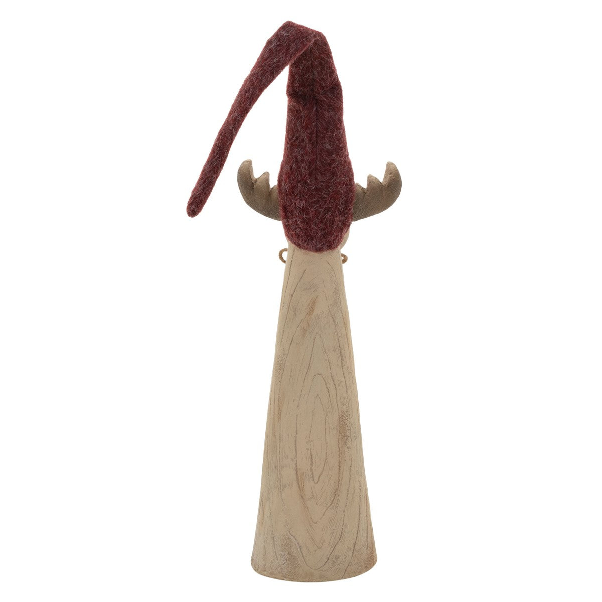 Eine Holzfigur mit einem roten Hut und Geweih von hinten.