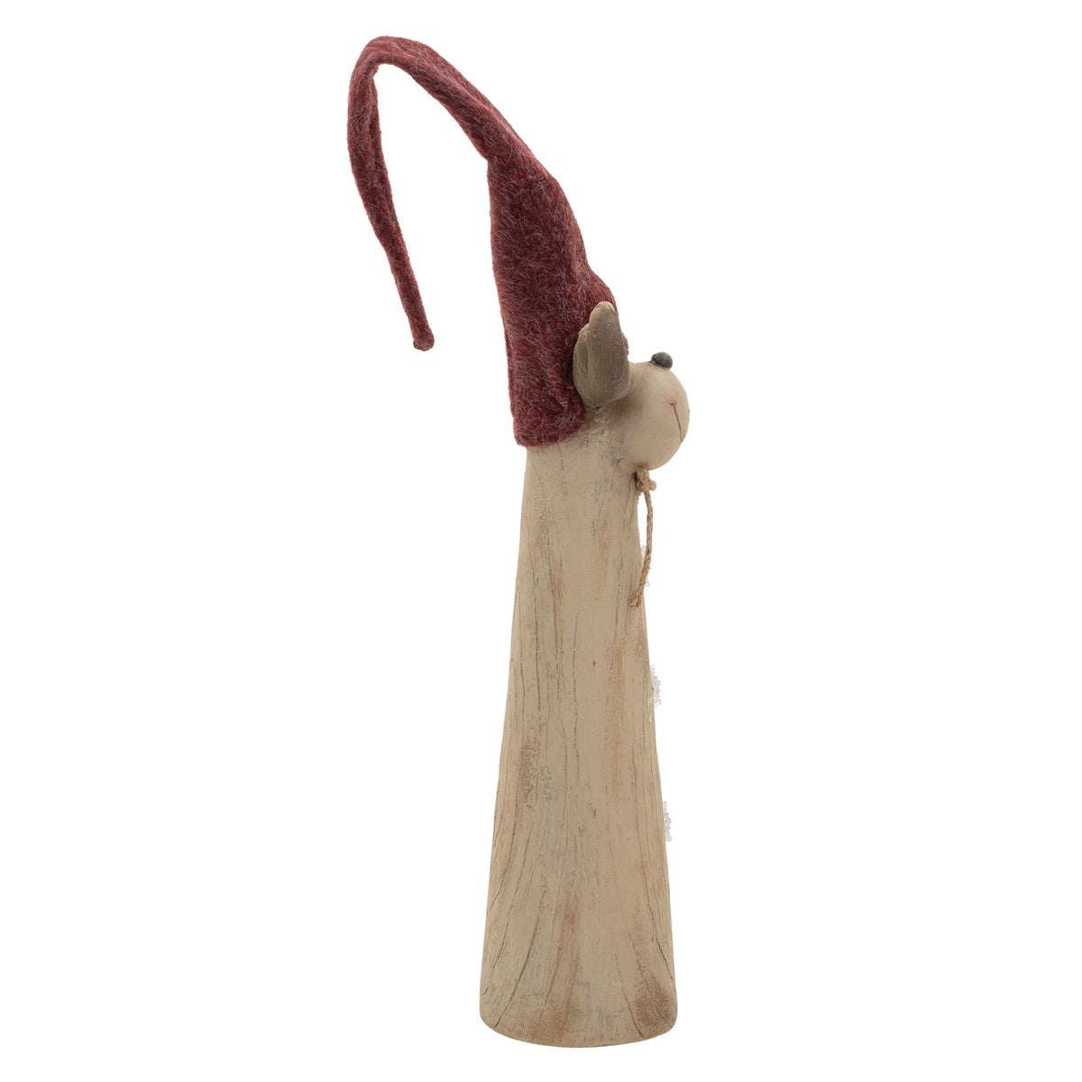 Seitenansicht einer Holzfigur mit rotem Hut und einem Gesicht.