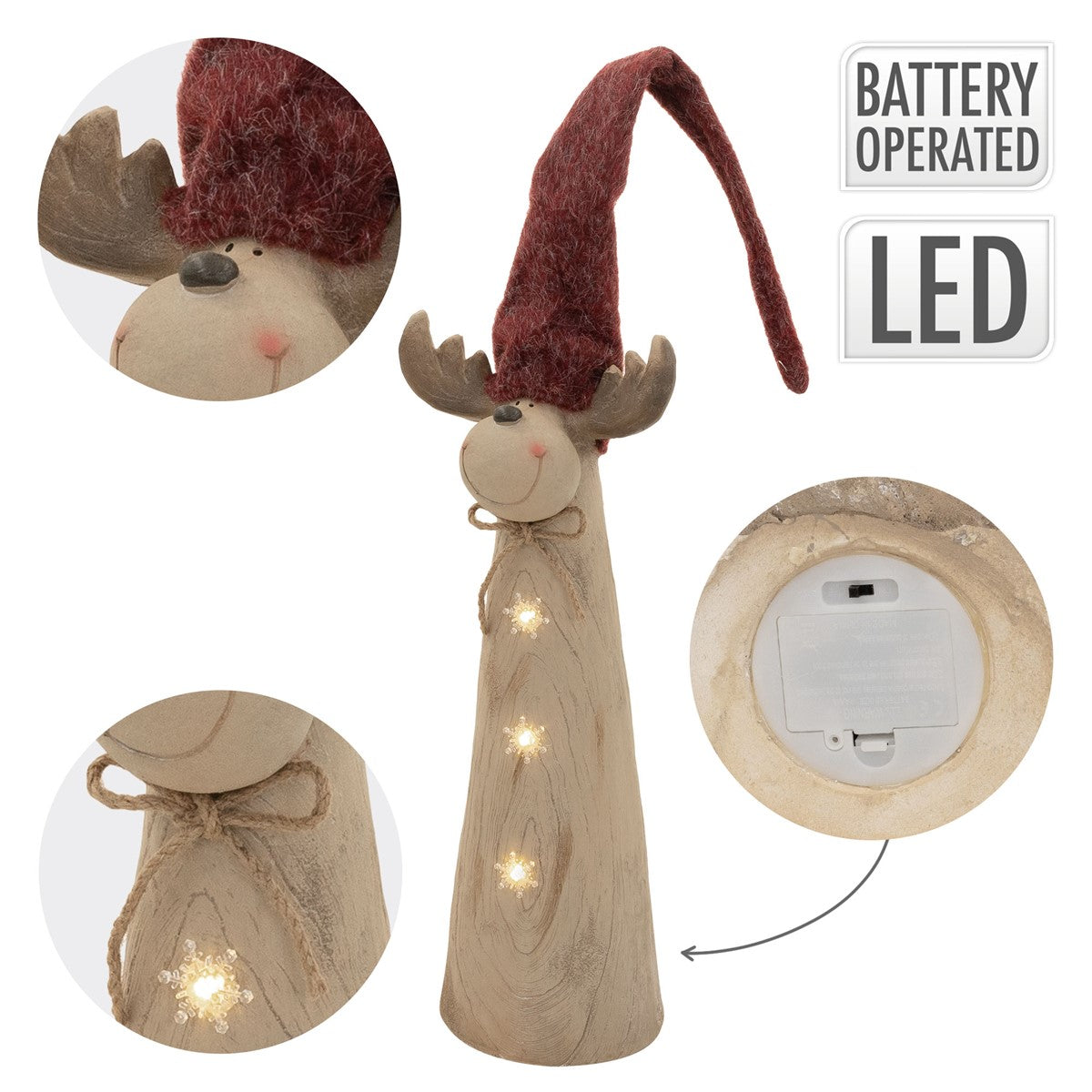 Rentierfigur mit rotem Hut, LED-Beleuchtung, Batteriebetrieb, Rückansicht mit Batteriefach.