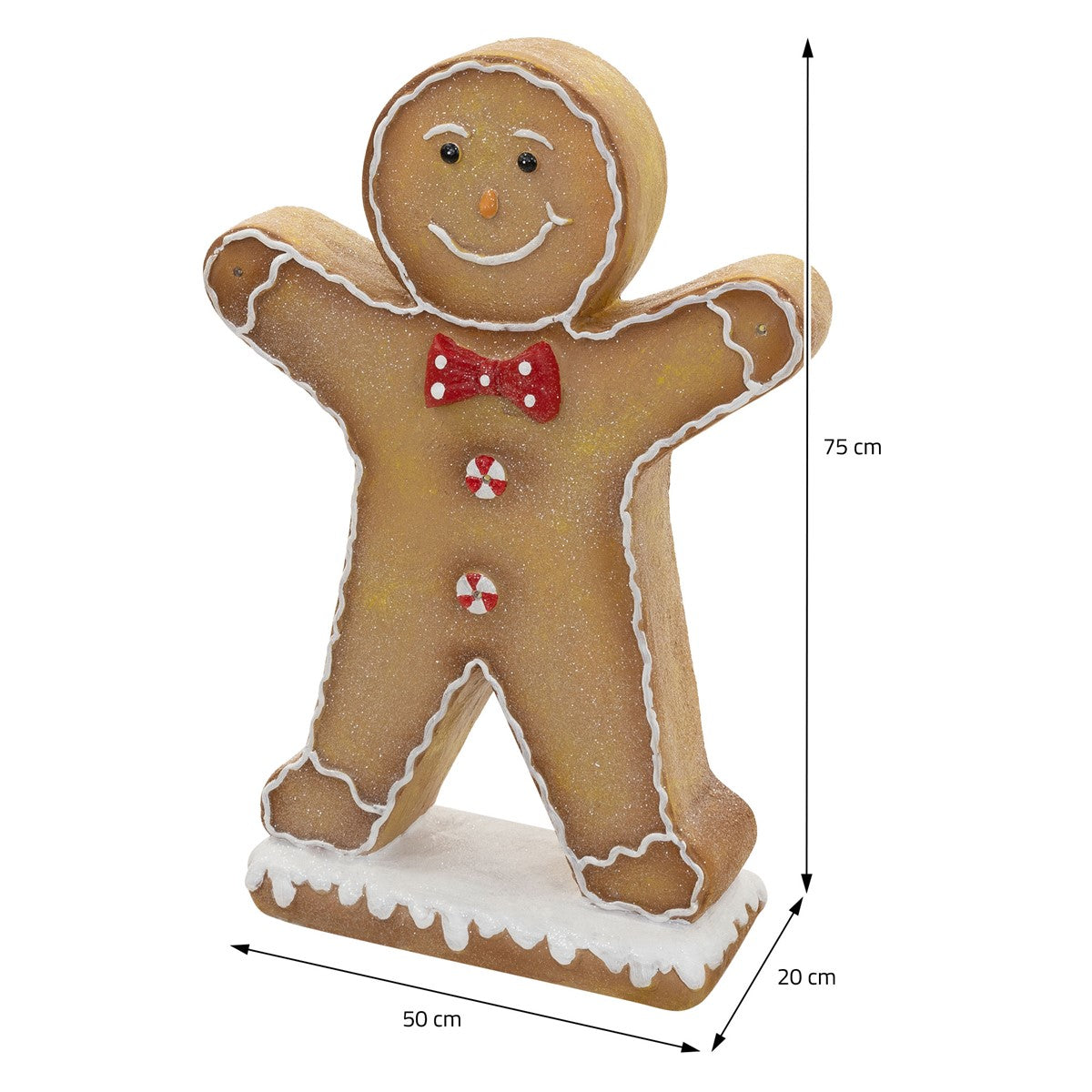 Lebkuchenmann mit Maßen: 75 cm hoch, 50 cm breit, 20 cm tief.