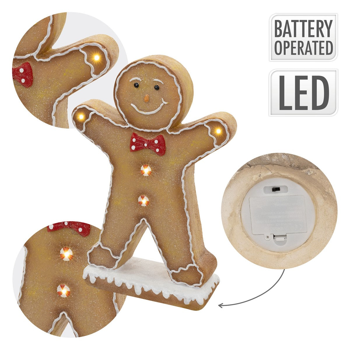 Detailansicht eines Lebkuchenmanns mit LED-Lichtern und Batteriefach.