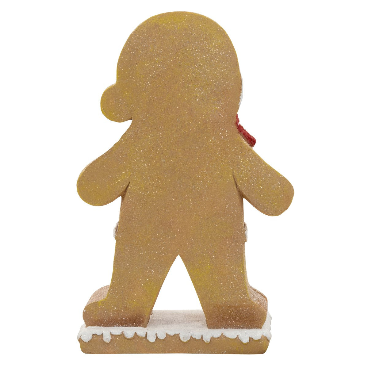 Eine Figur in Form eines Lebkuchenmanns von hinten, mit glitzernder Oberfläche.