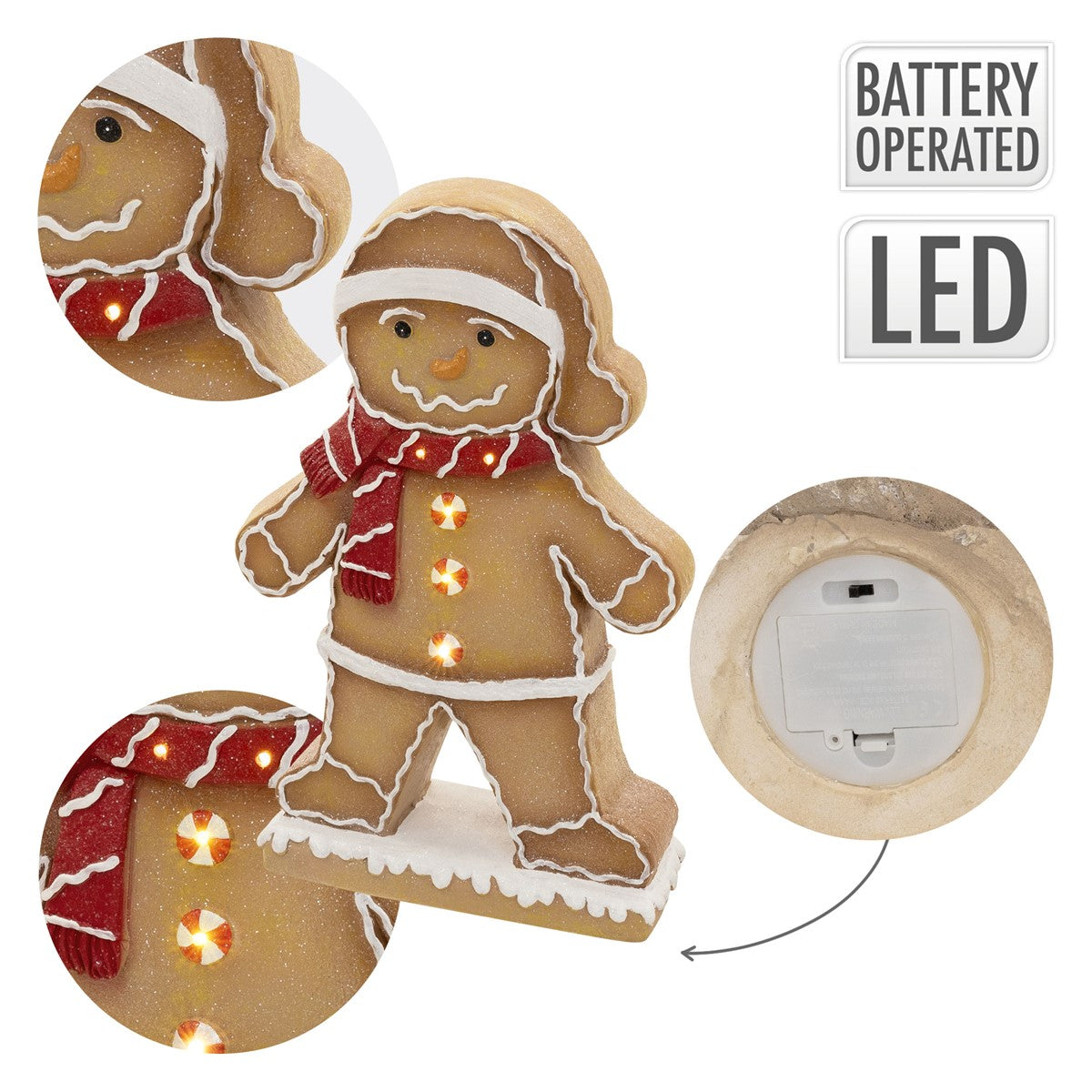 Detailansicht eines Lebkuchenmanns mit LED-Lichtern und Batteriefach.