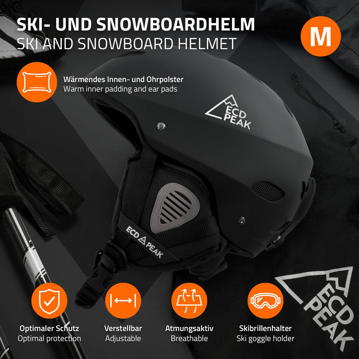 Schwarzer Ski- und Snowboardhelm mit Innenpolsterung und Ohrenschutz.