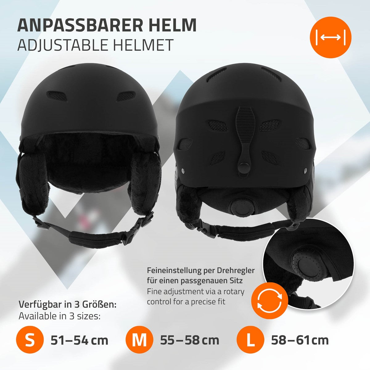 Grafik eines verstellbaren Helms mit Größenangaben und Einstellmechanismus.
