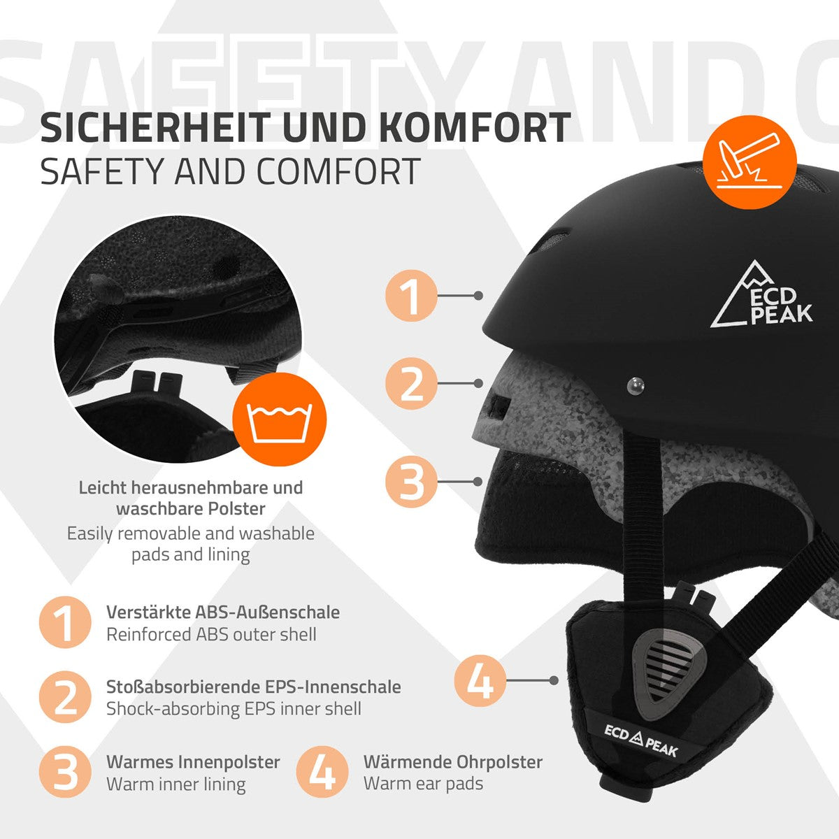 Schwarzer Skihelm mit abnehmbaren Polstern und Sicherheitsmerkmalen.