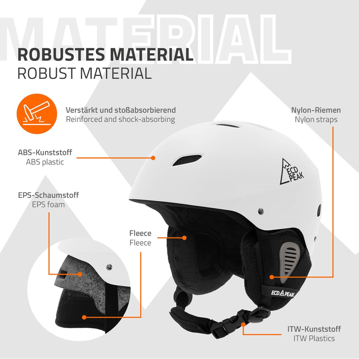 Weißer Ski- und Snowboardhelm mit Fleece-Innenfutter und Nylonriemen.