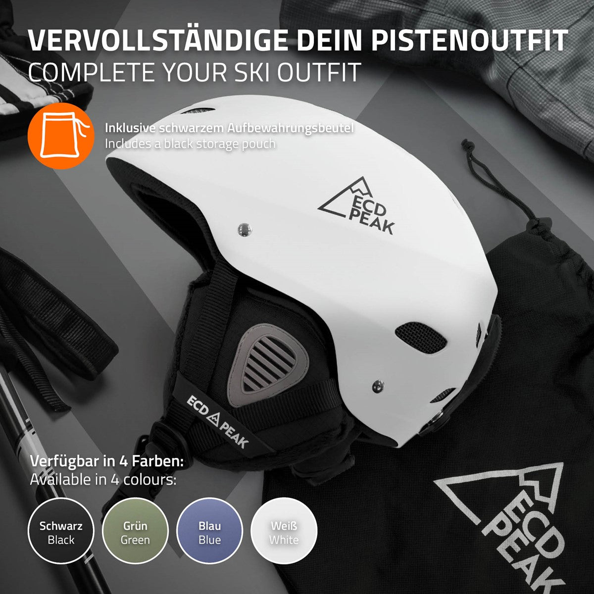 Skihelm in Weiß mit schwarzem Aufbewahrungsbeutel und weiteren Zubehörteilen.