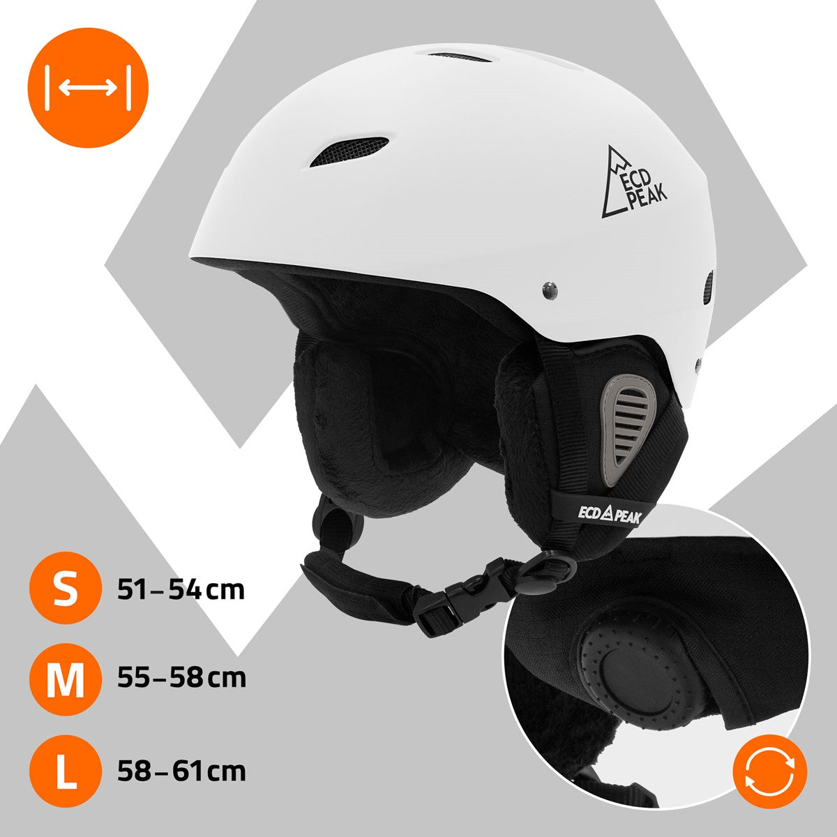 Weißer Helm mit Größenangaben und Logo, abgebildet von der Seite.