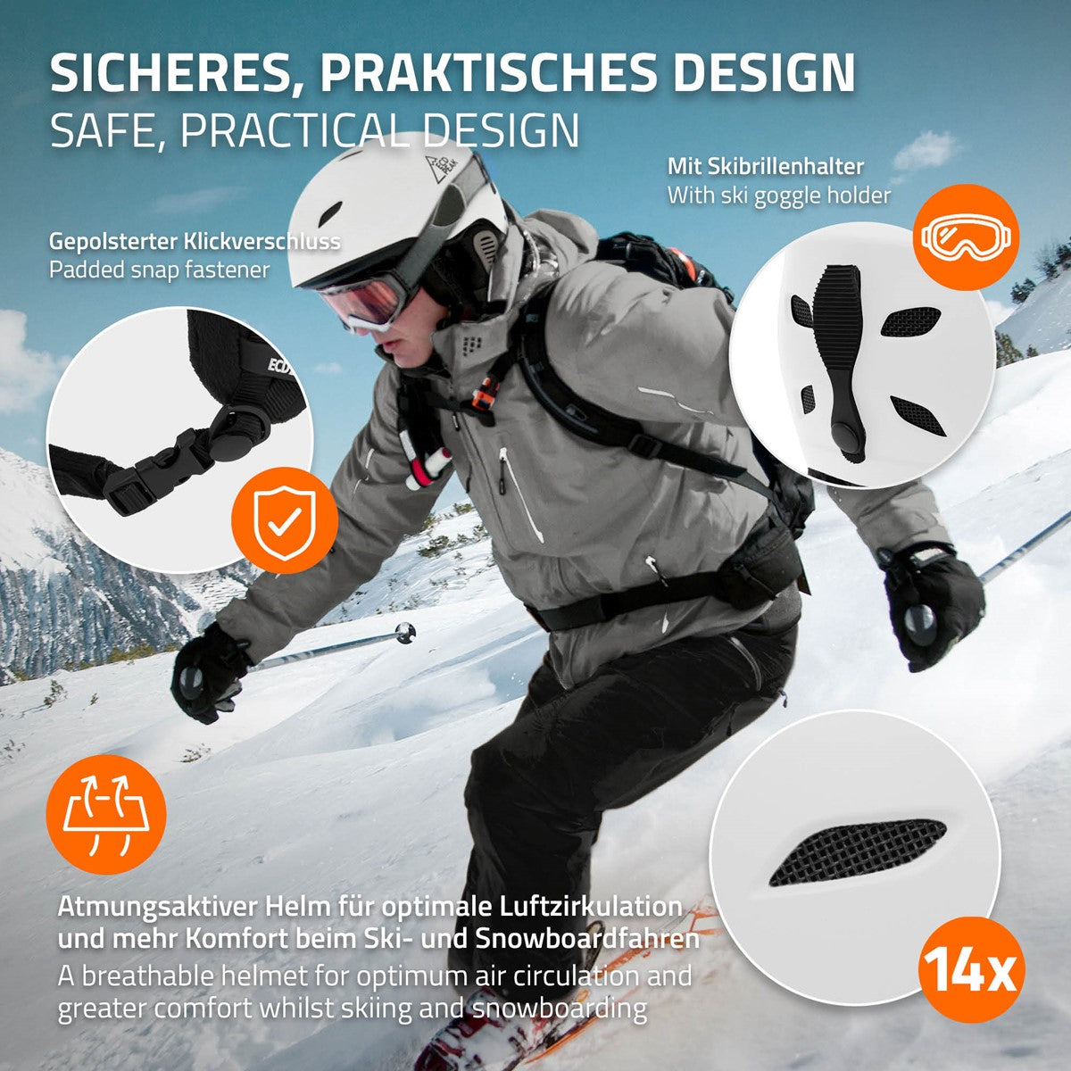 Mann in Ski-Ausrüstung fährt auf Schnee, Helm mit Skibrillenhalter.