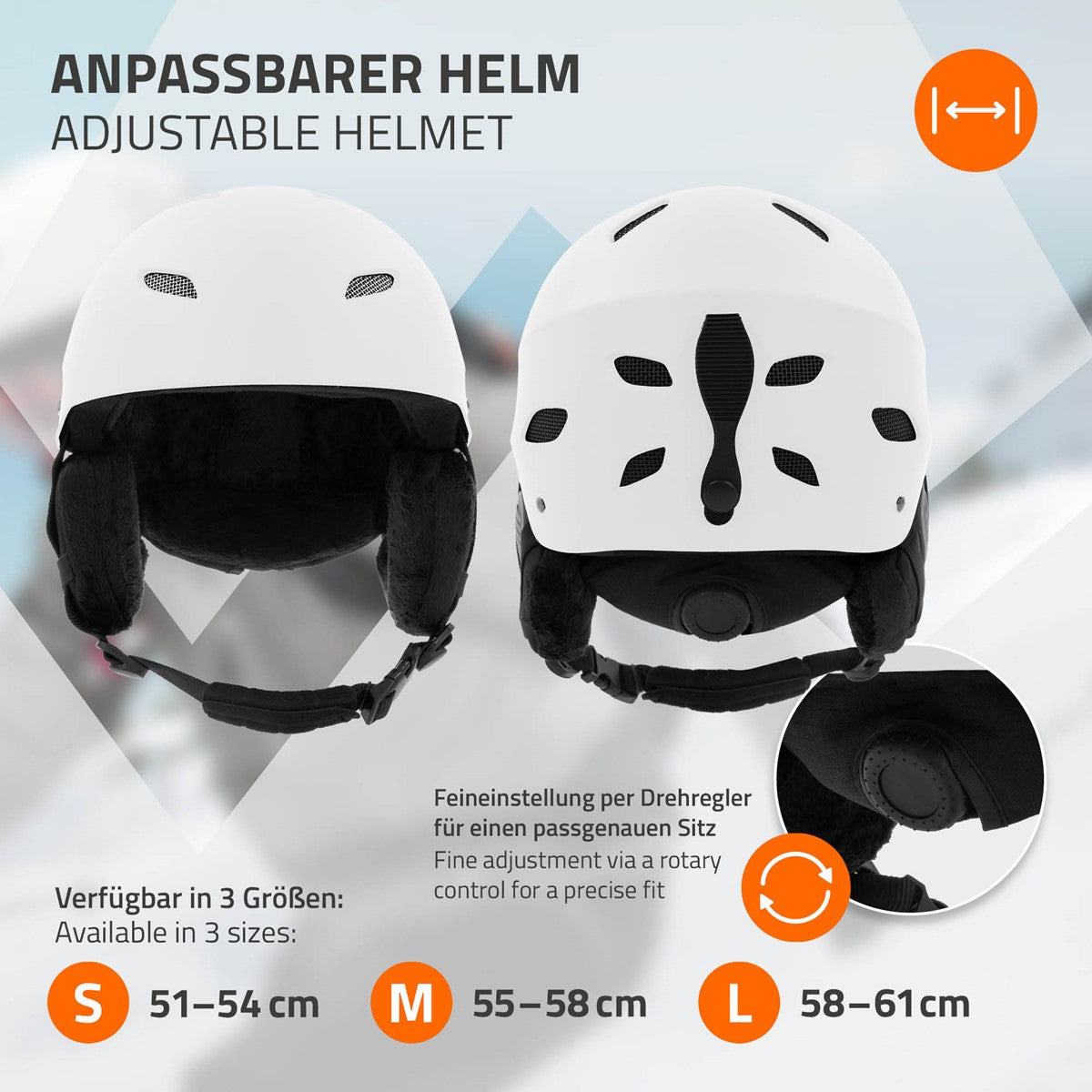 Weißer Helm mit Größenangaben S, M, L und Einstellregler.