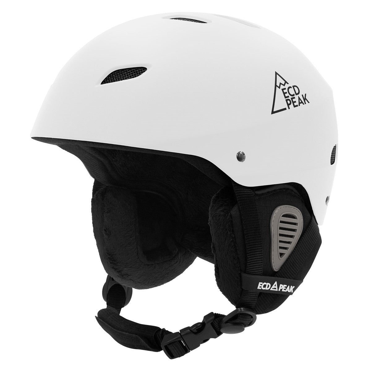 Weißer Skihelm mit schwarzem Innenfutter, seitliche Ansicht.