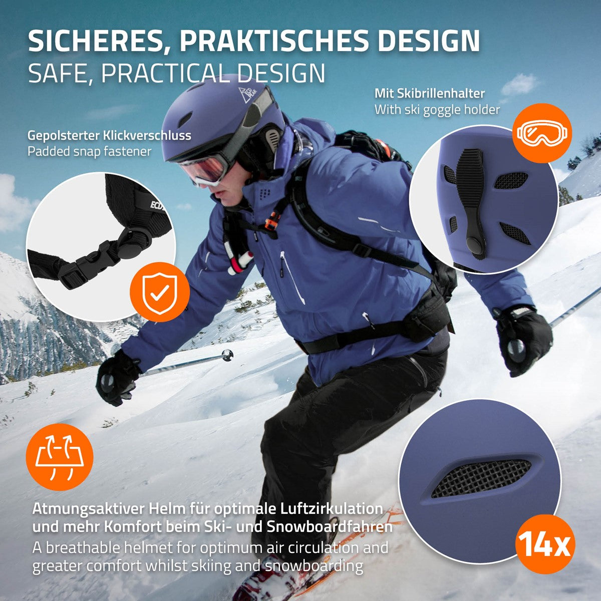 Mann in blauer Skijacke fährt Ski, trägt Helm und hat eine Skibrille auf.