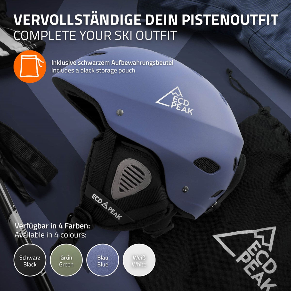 Grafik mit einem blauen Skihelm und Text über das Ski-Outfit.