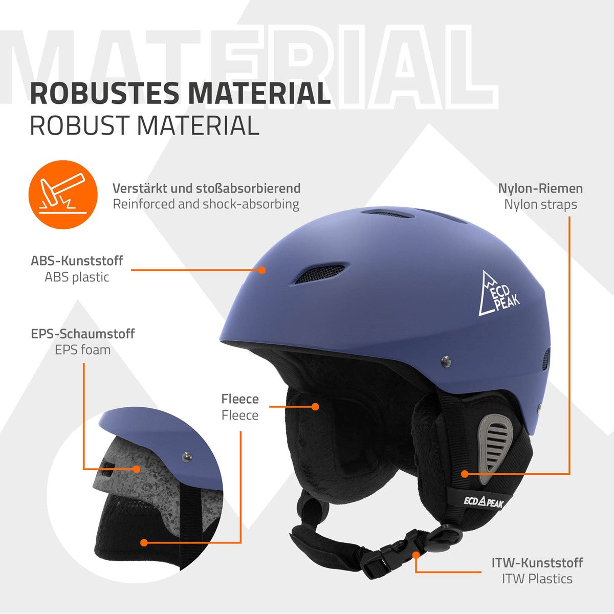 Detailansicht eines blauen Ski- und Snowboardhelms mit Materialbeschreibung.