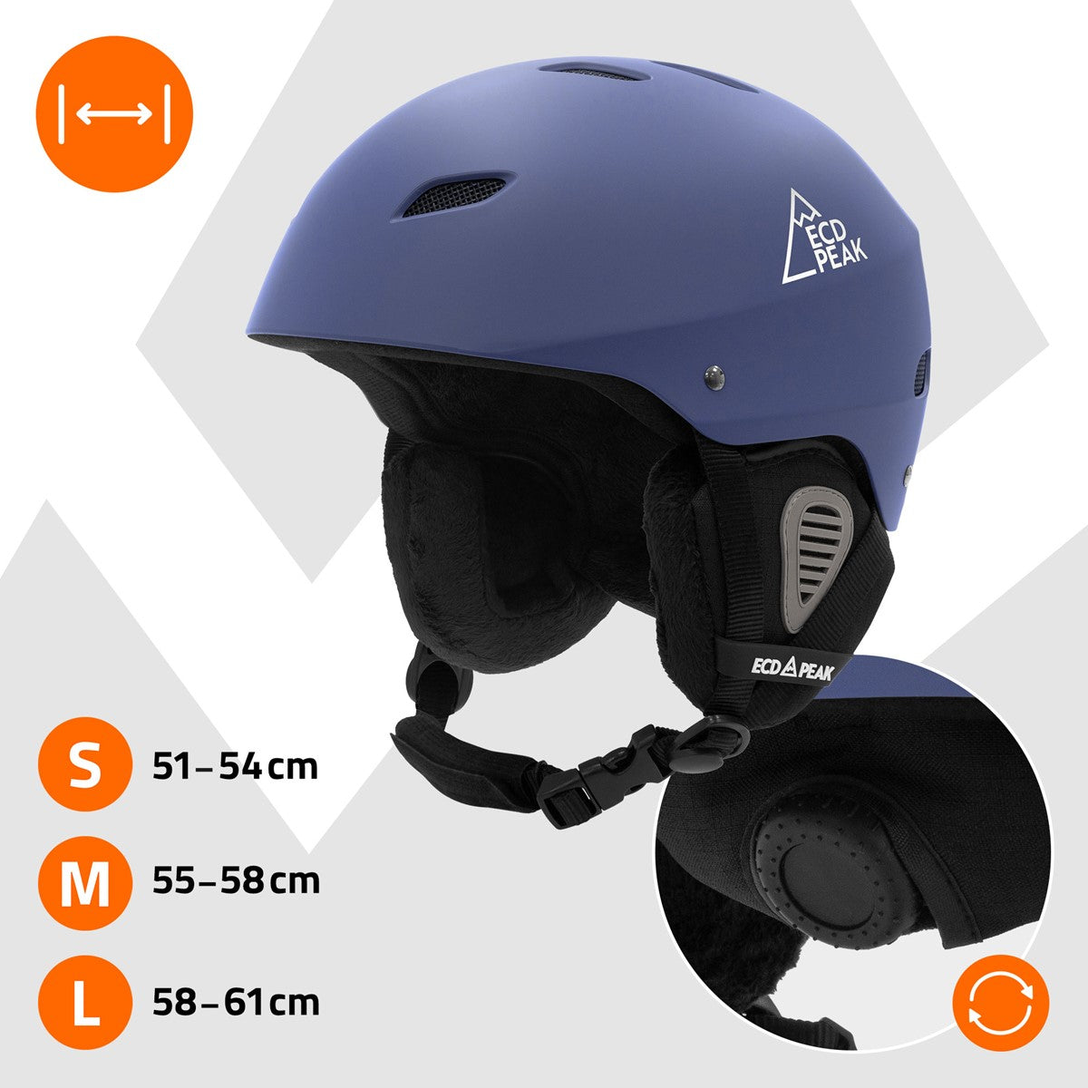 Blauer Skihelm mit Größenangaben S, M, L und Maßband-Symbol.