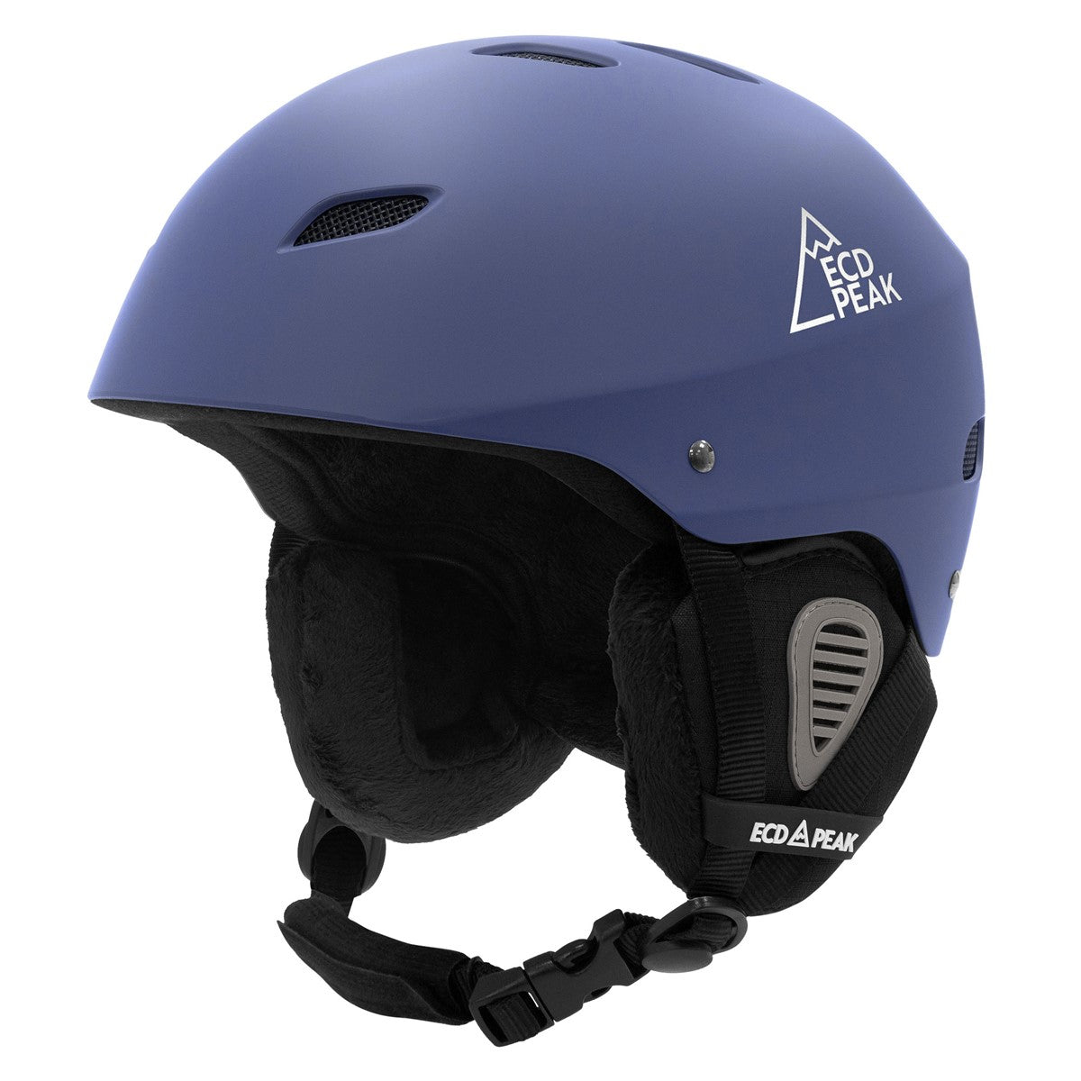 Blauer Skihelm mit Innenpolsterung und Kinnriemen.
