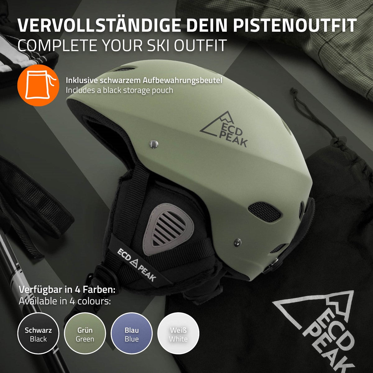 Grüner Skihelm mit schwarzem Aufbewahrungsbeutel, ECD PEAK Logo sichtbar.