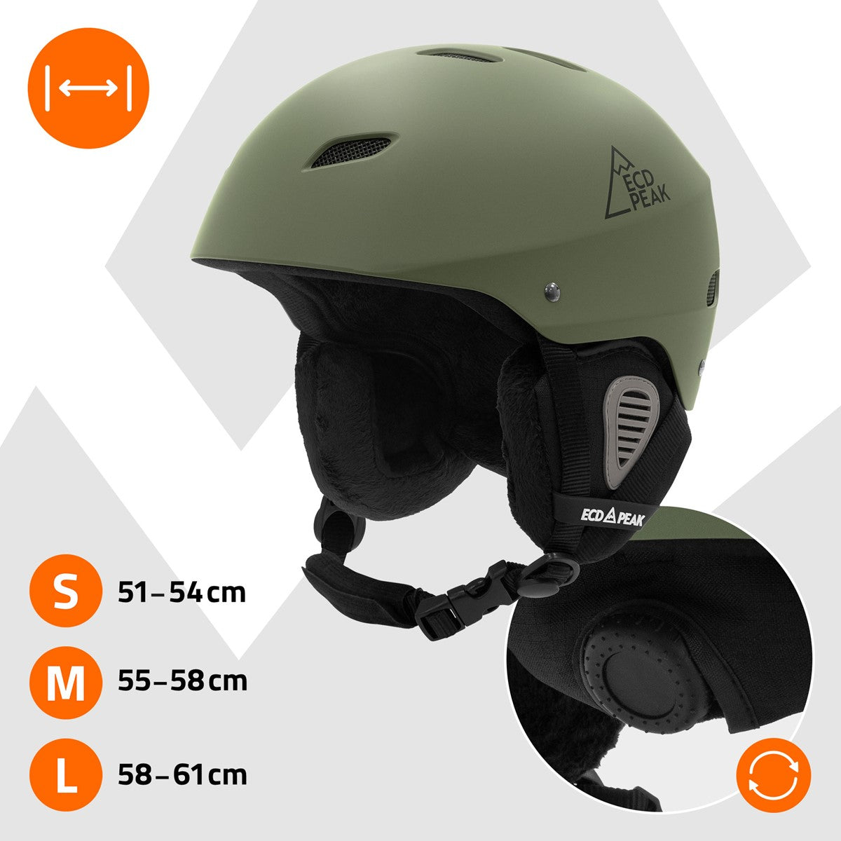 Grüner Skihelm mit Größenangaben und verstellbarem Kinnriemen.