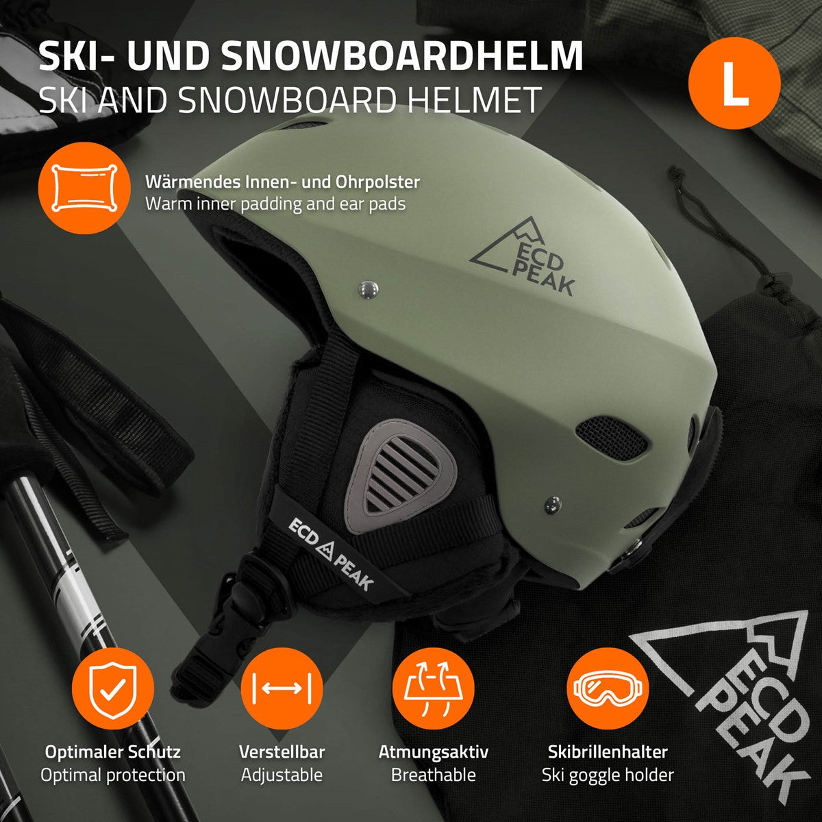 Grafik eines Ski- und Snowboardhelms mit Beschreibung der Eigenschaften und Materialien.