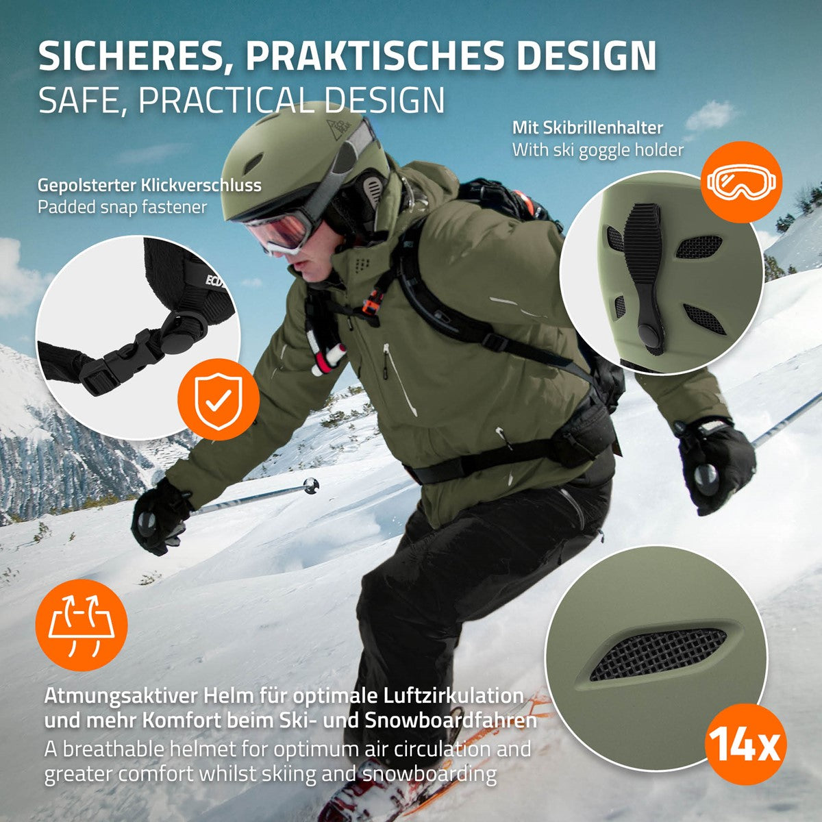 Skifahrer in grünem Outfit mit Helm, der auf einer Piste fährt.