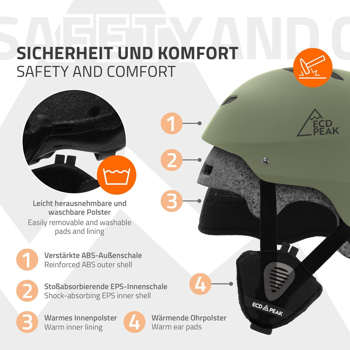 Grüner Skihelm mit Sicherheitsmerkmalen und Polsterung.