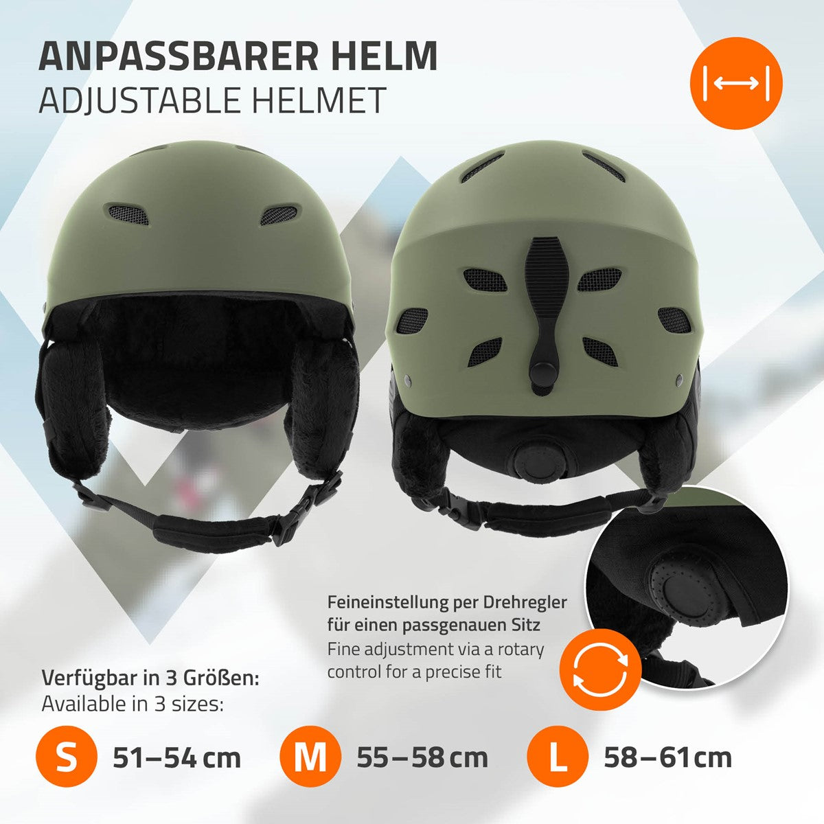 Grüner Skihelm mit Größenangaben S, M, L und Maßband-Symbol.