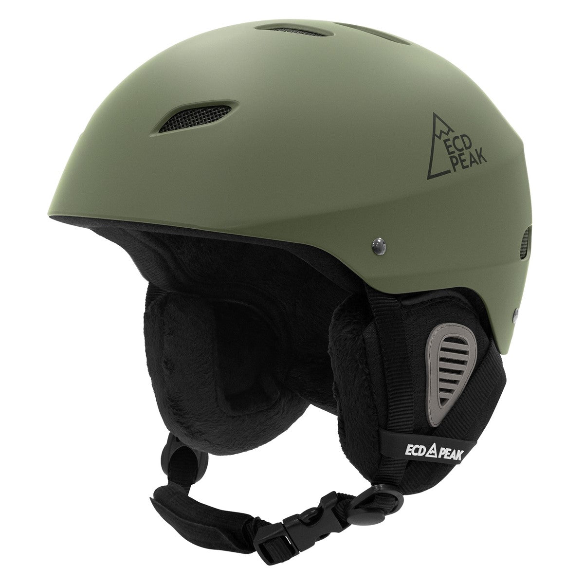 Grüner Skihelm von der Seite, mit Innenpolsterung.